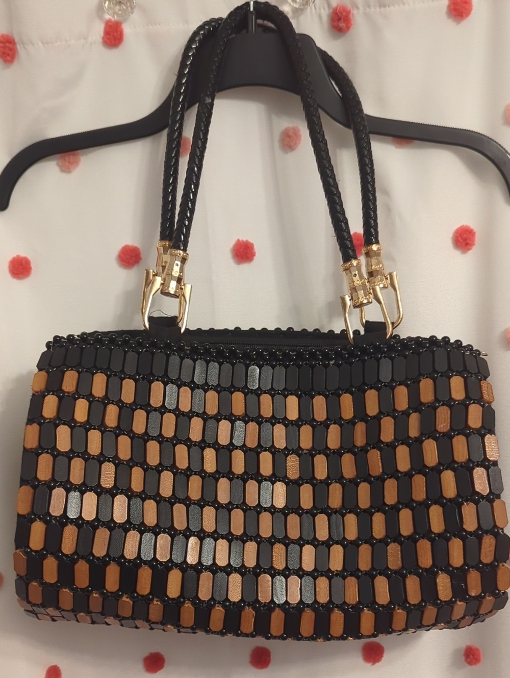 Black Shoulder Bag with Brown Bead Accents